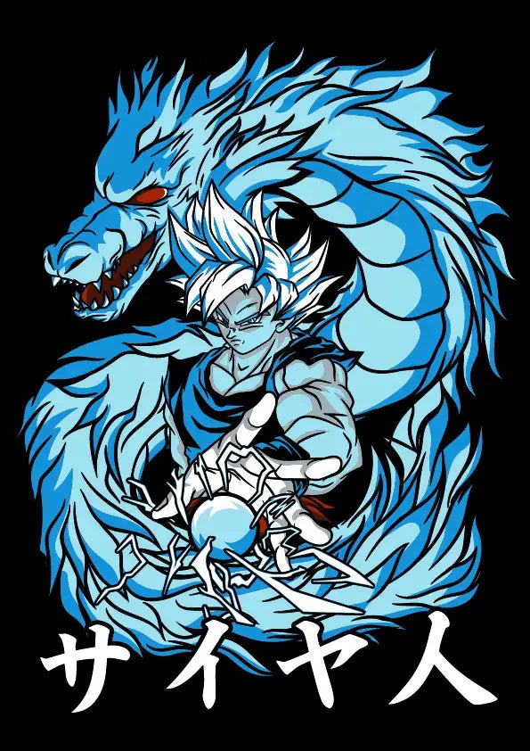 T-shirt Dragon Ball con drago blu e guerriero dai capelli bianchi su nero
