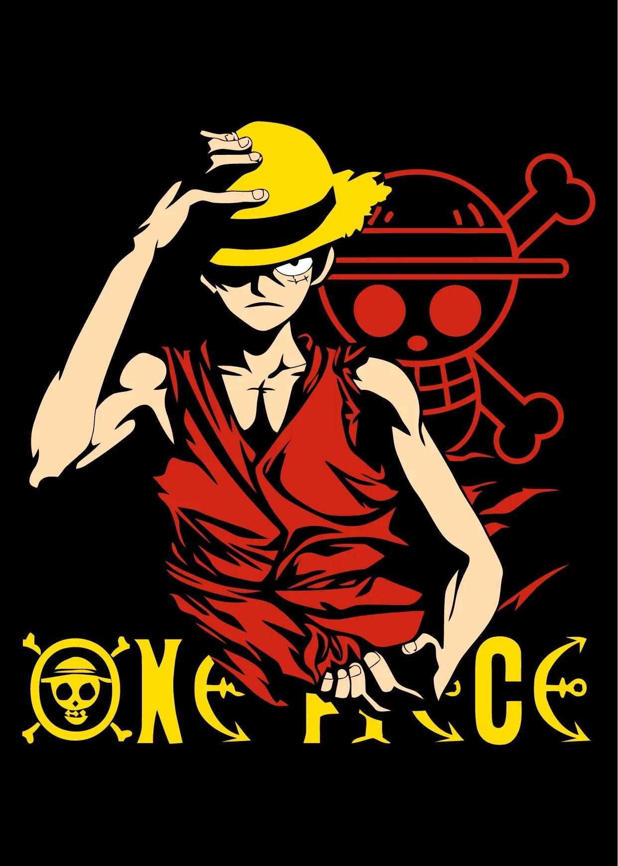 Cappello di paglia giallo One Piece con fascia nera su t-shirt design unici