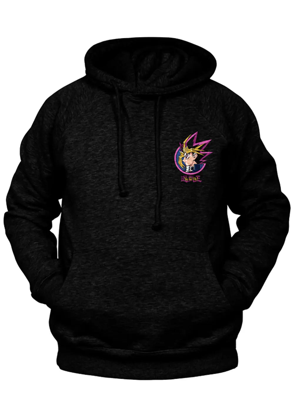 Felpa con cappuccio Yu-Gi-Oh nera con grafica Yugi Muto colorata sul petto sinistro