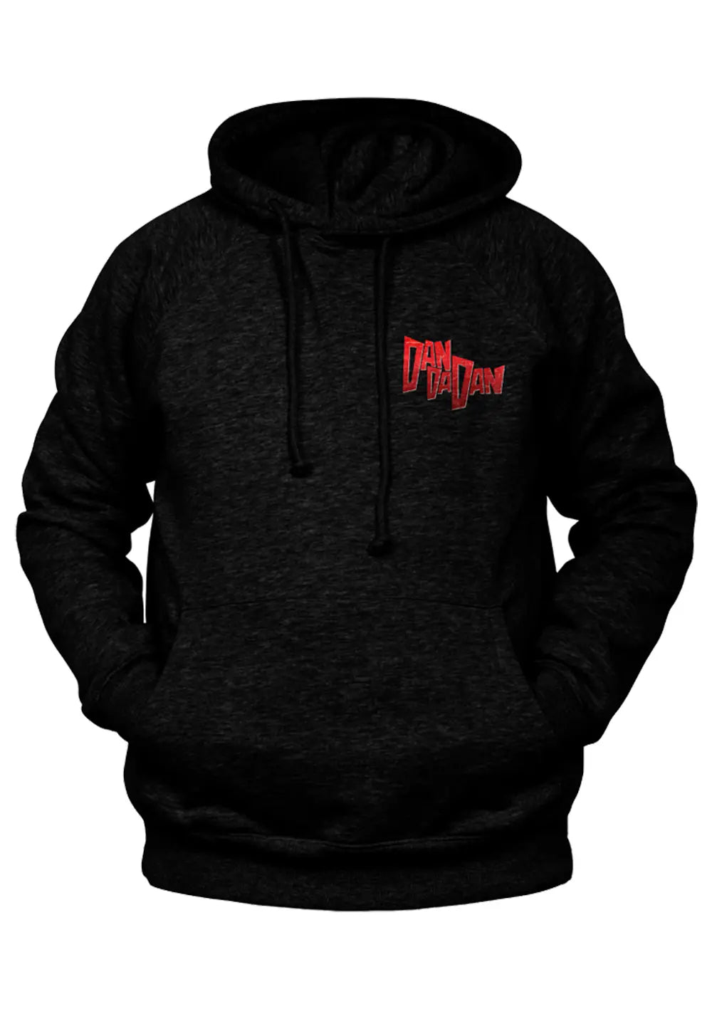 Felpa con cappuccio Dan Da Dan nera heathered con logo rosso, per veri fan