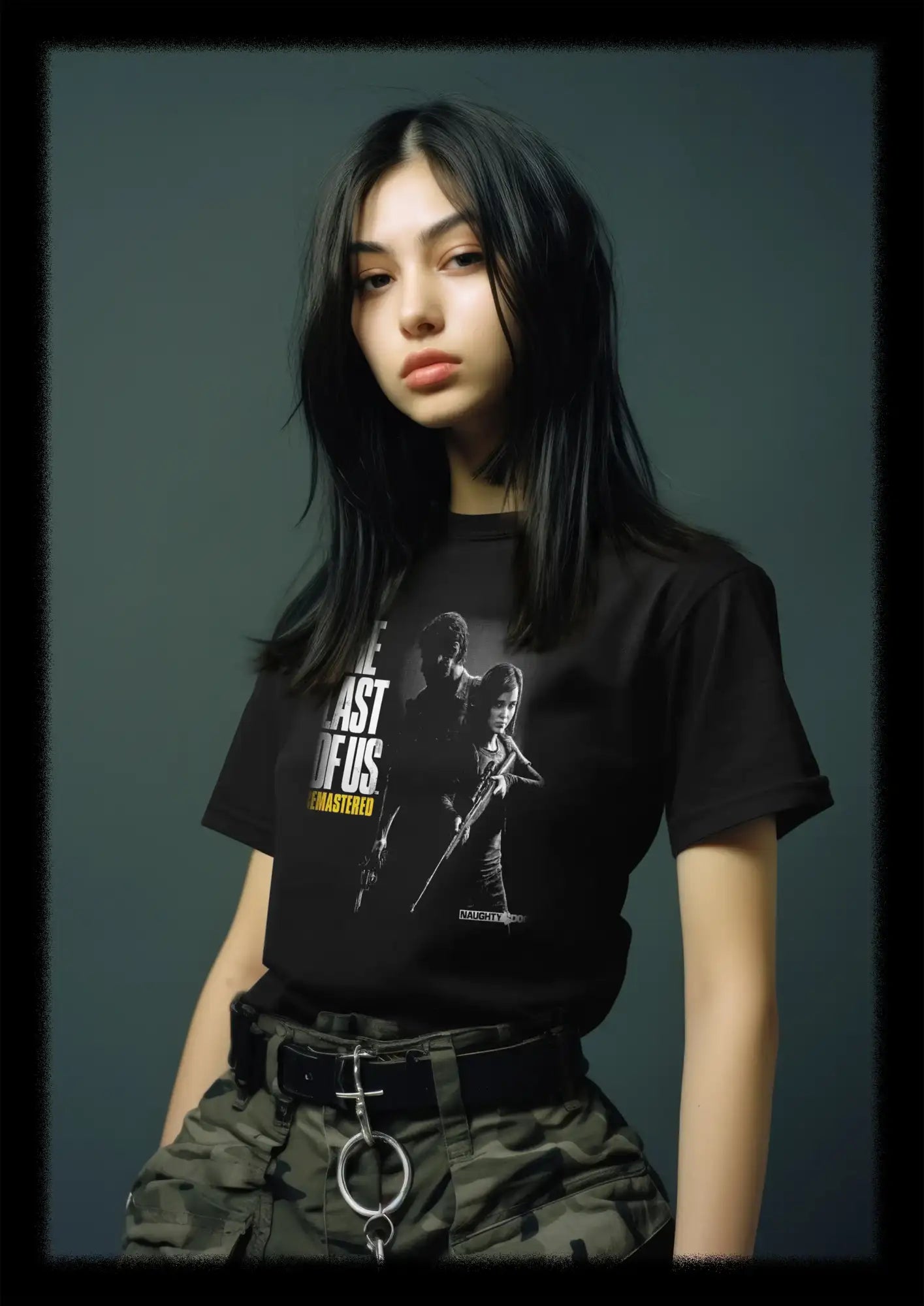 Maglietta nera a maniche corte con stampa grafica di personaggi da ‘the last of us: remastered’ con testo bianco e giallo.