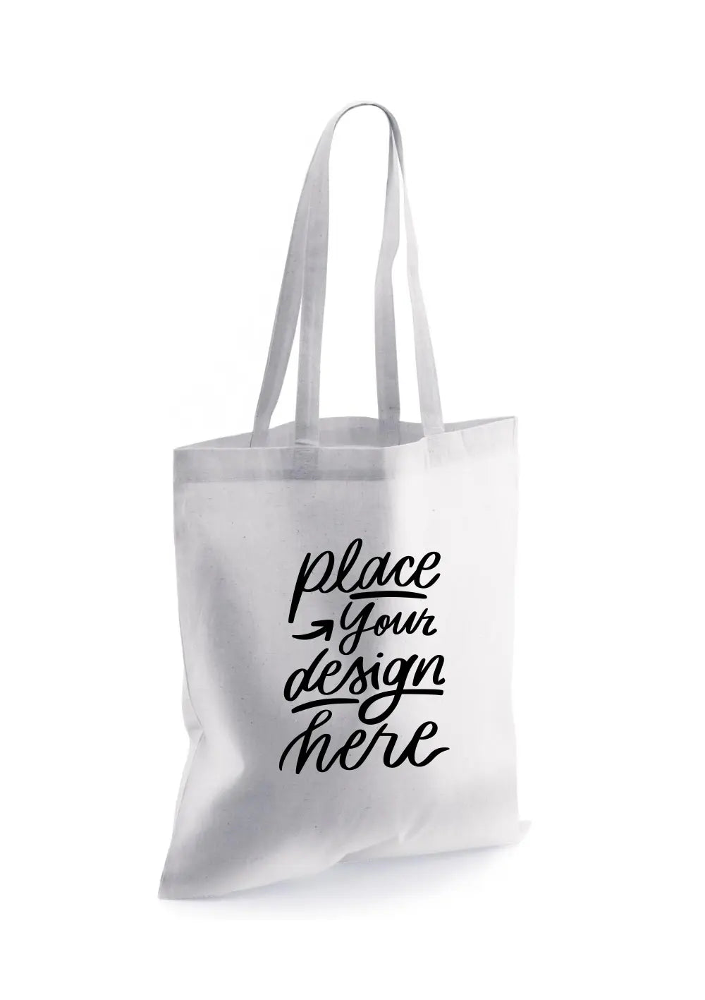 Shopper personalizzata con manici lunghi in cotone bianco, testo nero corsivo sul fronte