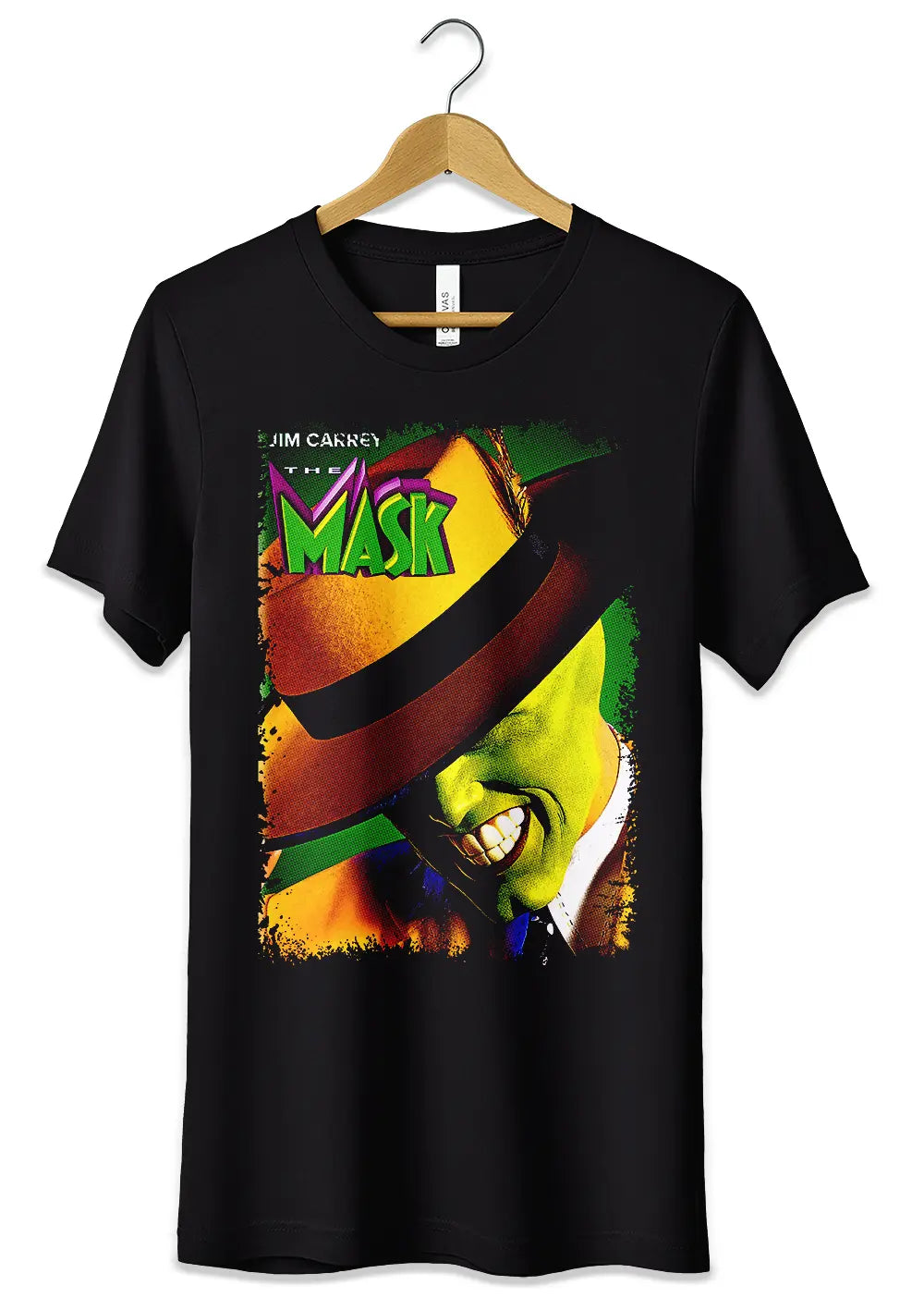 T-shirt nera con Jim Carrey The Mask, film comici, verde e cappello