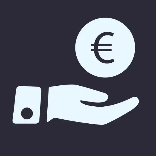 Un'icona minimalista bianca che raffigura una mano aperta che riceve un simbolo di moneta euro circolare.