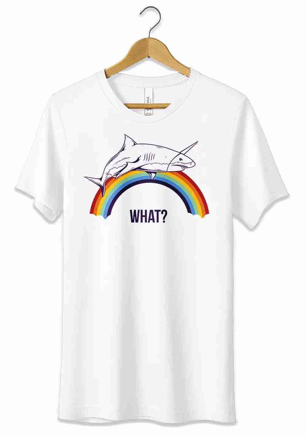 T-Shirt Maglietta Divertente What? Squalo Arcobaleno Unicorno - T-shirt Squalo Arcobaleno "What?": Un mix di ironia e divertimento per un look originale!