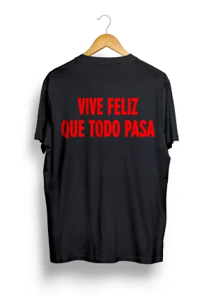 t-shirt oversize vive feliz que todo pasa maglietta urban nera con stampa rossa sul retro